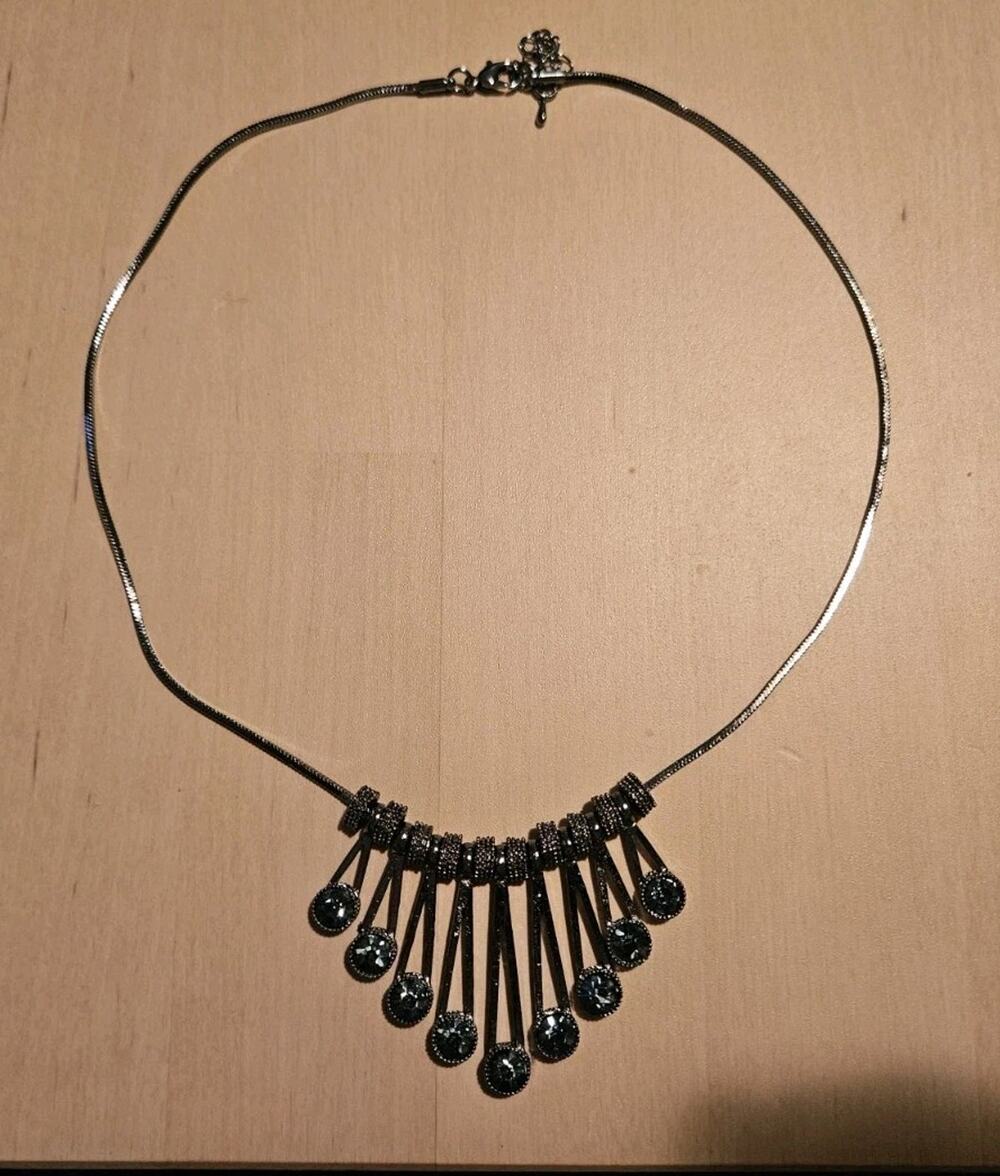 Egyptian Revival Style Bib Necklace Silver Tone Sparkle Adjust Snake Chain 18"